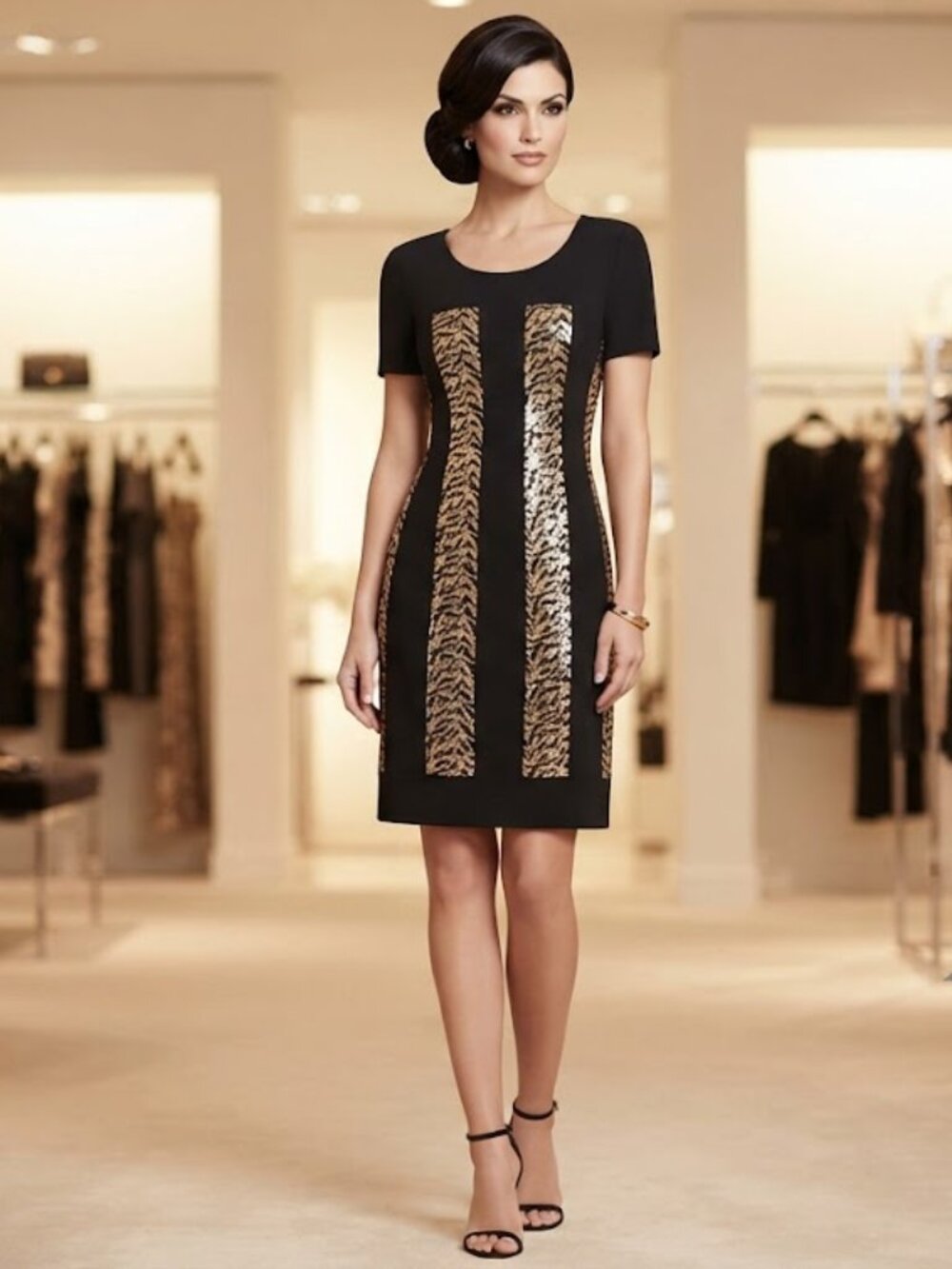 R&M Richards Gorgeous Short Sleeve Sequin Leopard Dress